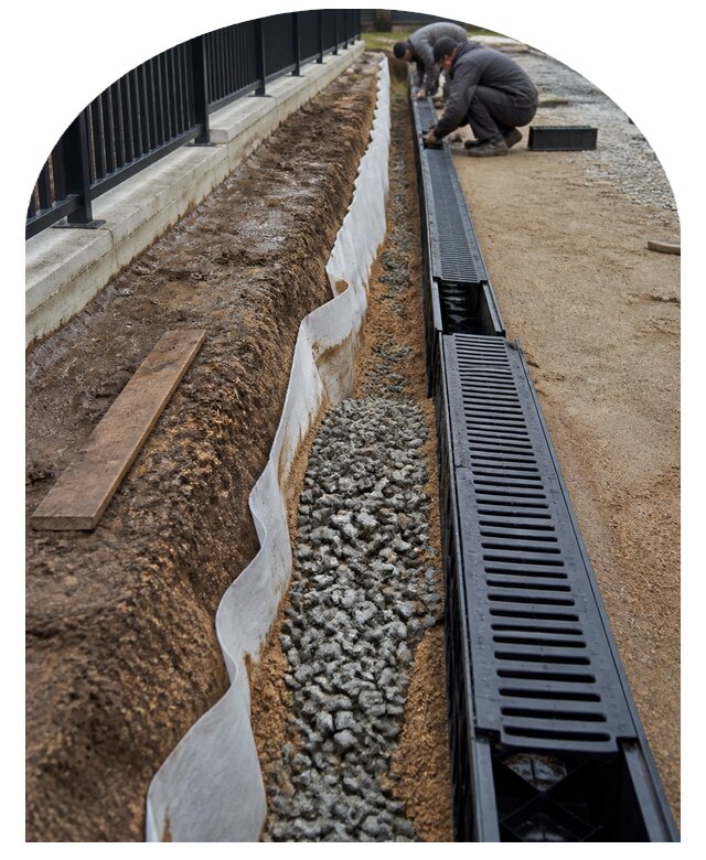 Устройство поверхностного дренажа участка под ключ в Киселёвске